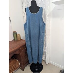 Vintage Route 66 Denim Jumper Dress Plus Size 1X Midi Pinafore 90s Grunge